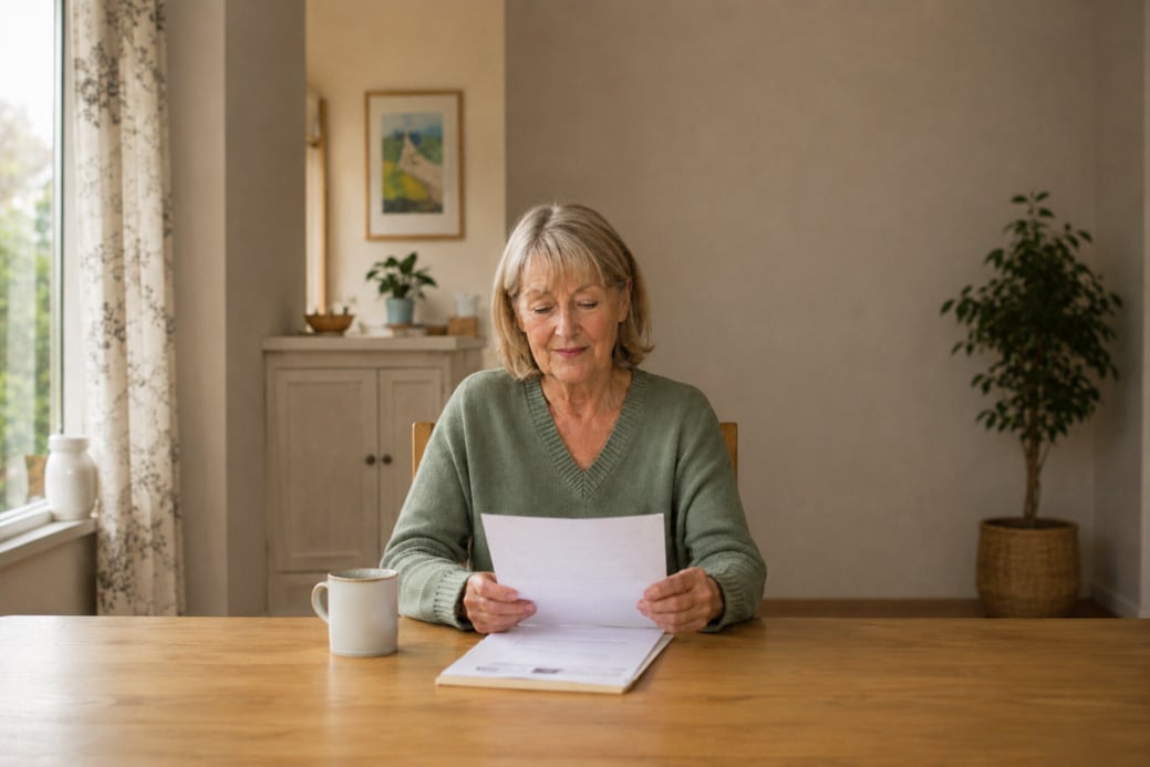 Irish woman reviewing HSE cataract surgery reimbursement documents at home
